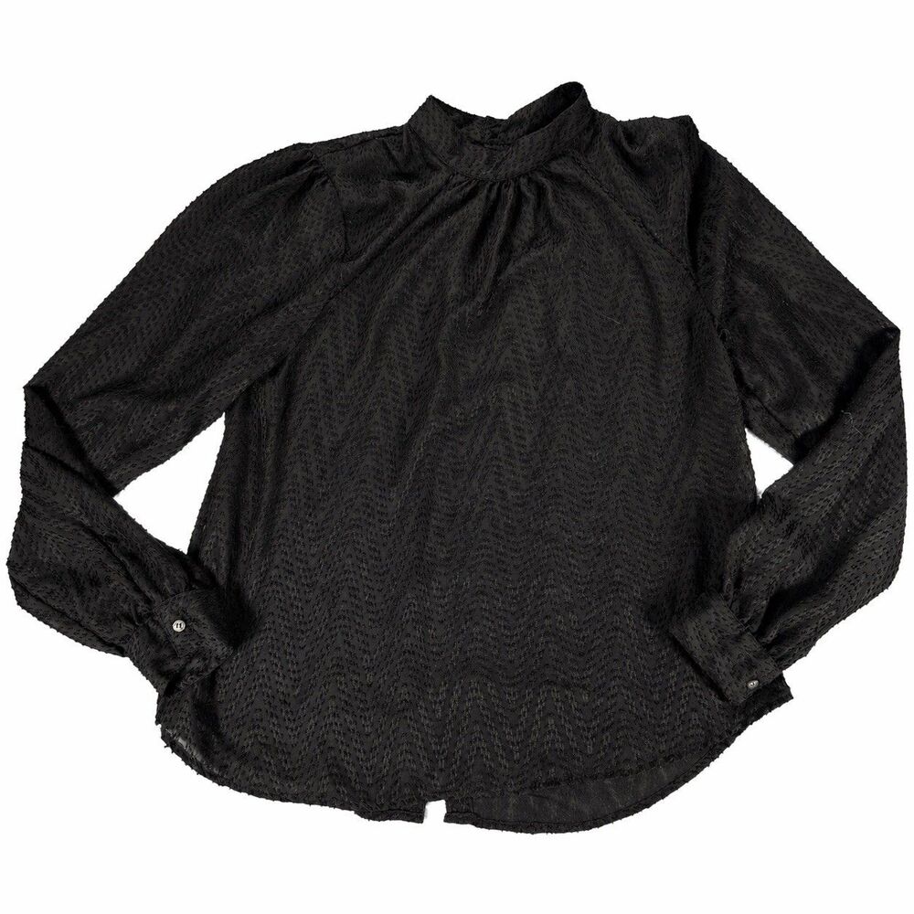 Free People After Midnight Blouse M Black Sheer Mesh Chevron Button Back - Picture 3 of 7